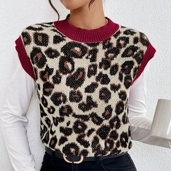 Multicolor Casual Women's Leopard Print Knit Sweater Vest - Picture 8 of 8